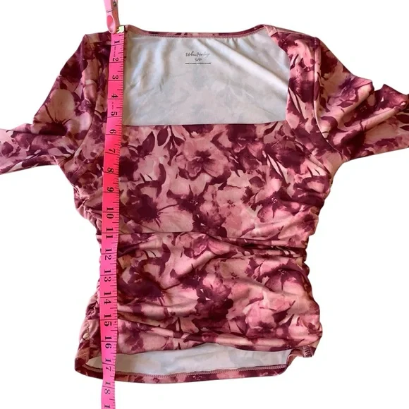 Pink Floral Square Neck Cropped Long Sleeve Top – Ruched, Size Small - Picture 16 of 17
